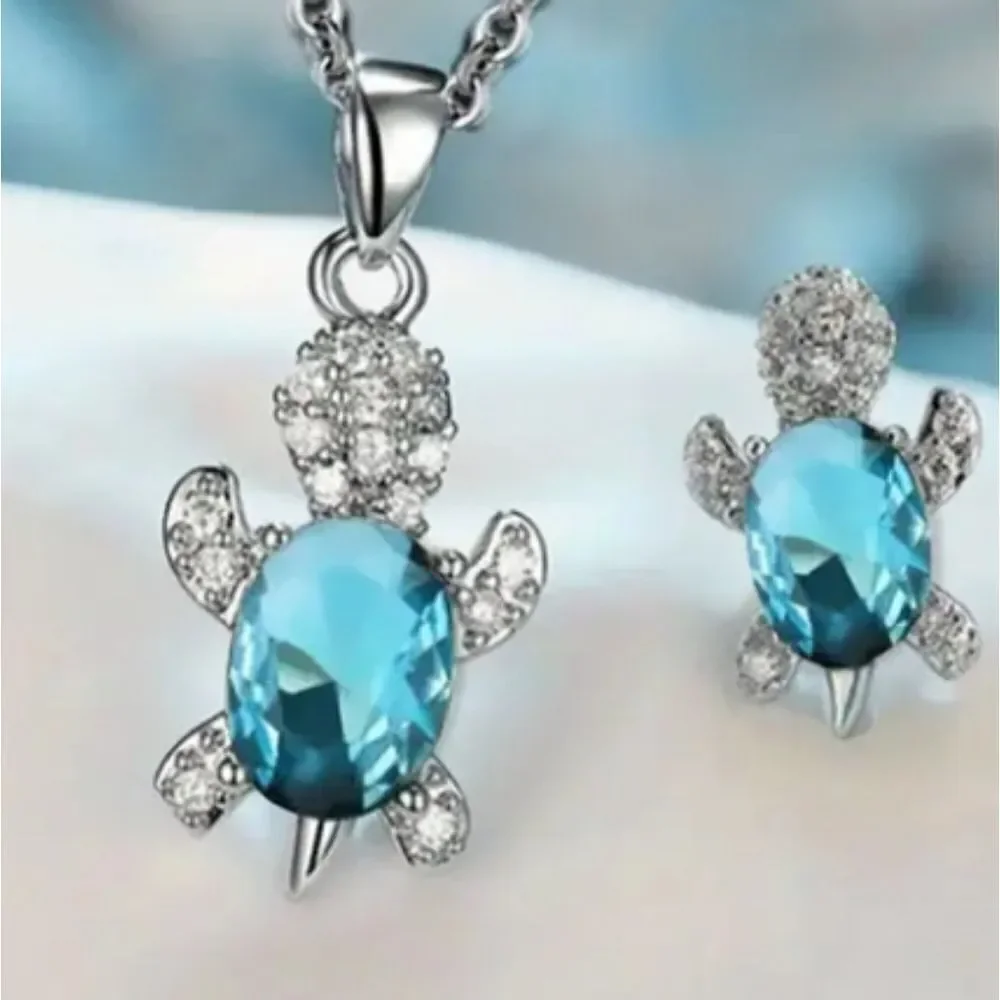Silver Blue Diamond Turtle Necklace with Matching Earrings